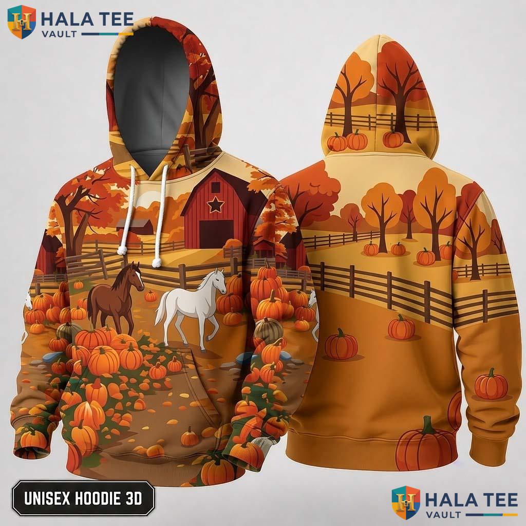 Horses Farm Barn Thanksgiving 3D Hoodie Rustic Autumn Pumpkins Top