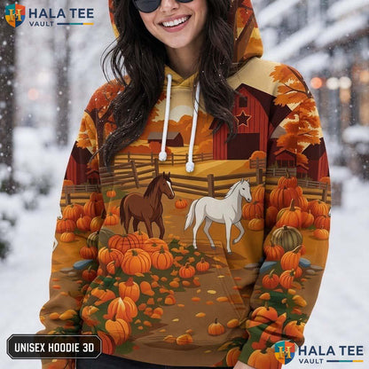 Horses Farm Barn Thanksgiving 3D Printed Hoodie Rustic Autumn Pumpkins Top