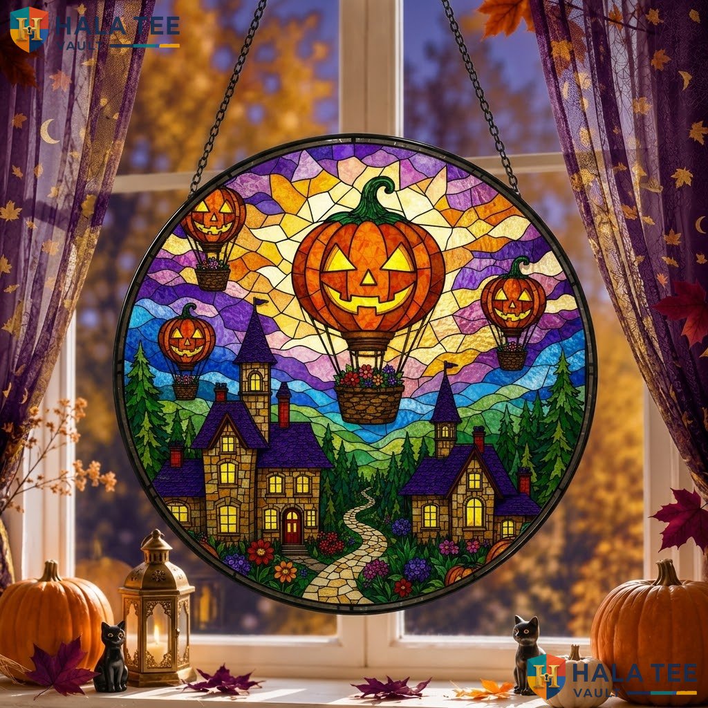 Hot Air Balloon Halloween Stained Glass Suncatcher Autumn Pumpkin Garden Art
