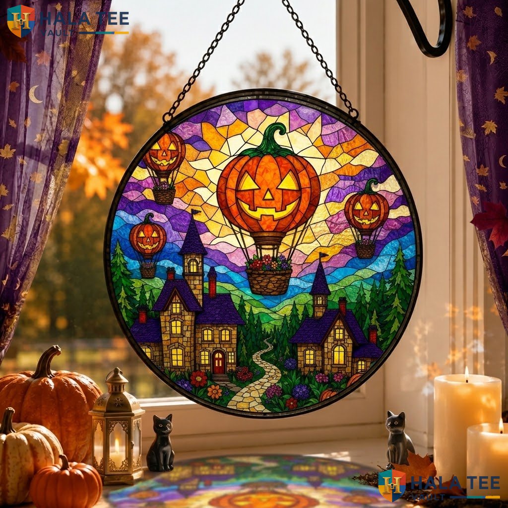 Hot Air Balloon Halloween Stained Glass Suncatcher Autumn Pumpkin Garden Art Adult