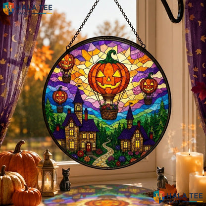 Hot Air Balloon Halloween Stained Glass Suncatcher Autumn Pumpkin Garden Art Adult