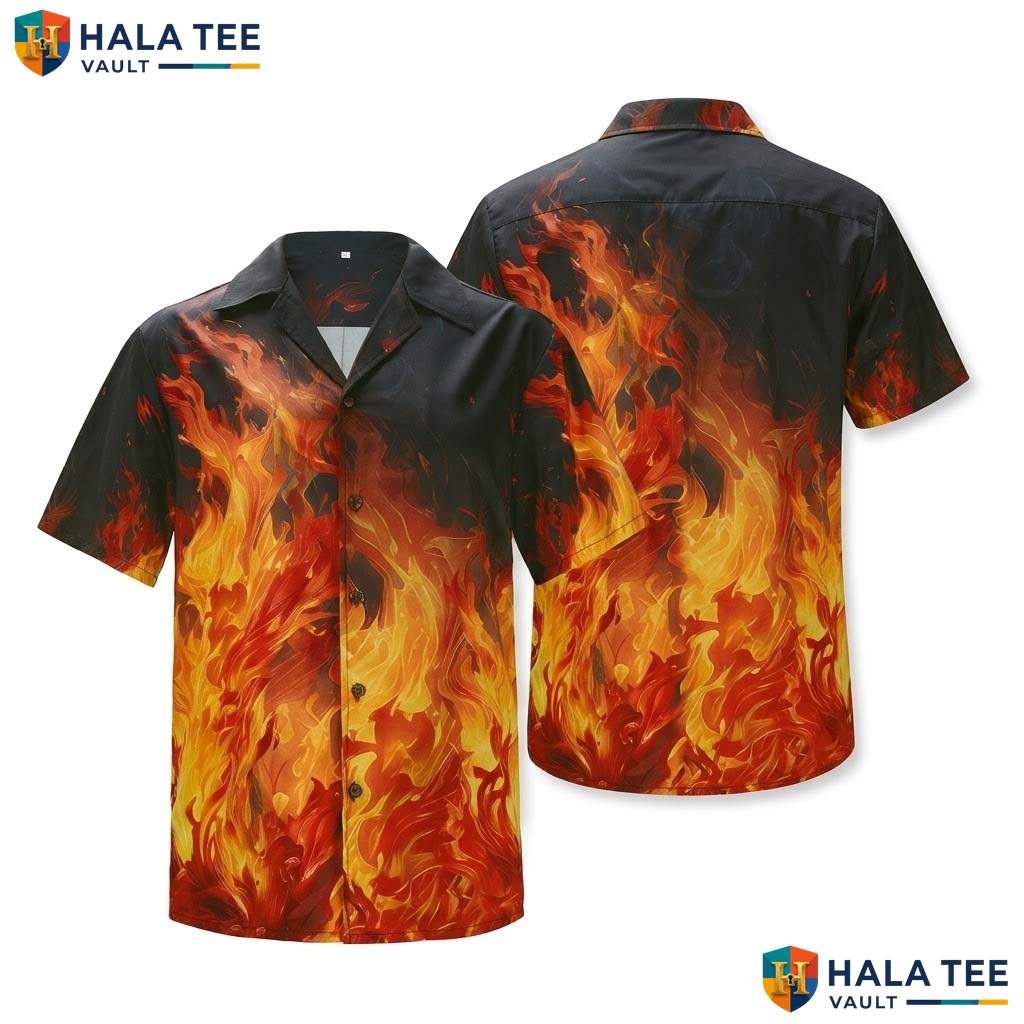 Hot Fire Flame Hawaiian Shirt Mens Novelty Button Down Summer Beach Top