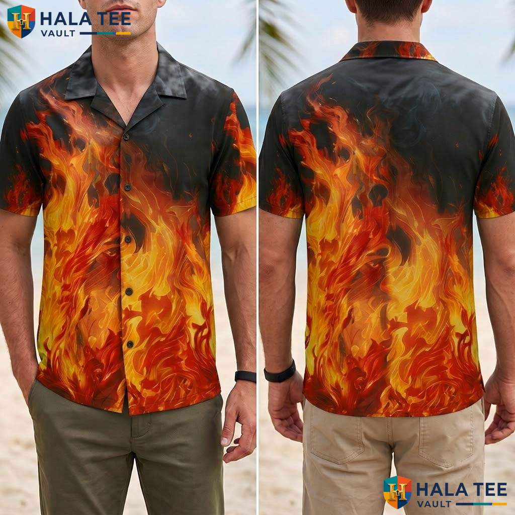 Hot Fire Flame Tropical Shirt Mens Novelty Button Down Summer Beach Top