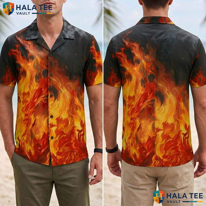 Hot Fire Flame Tropical Shirt Mens Novelty Button Down Summer Beach Top