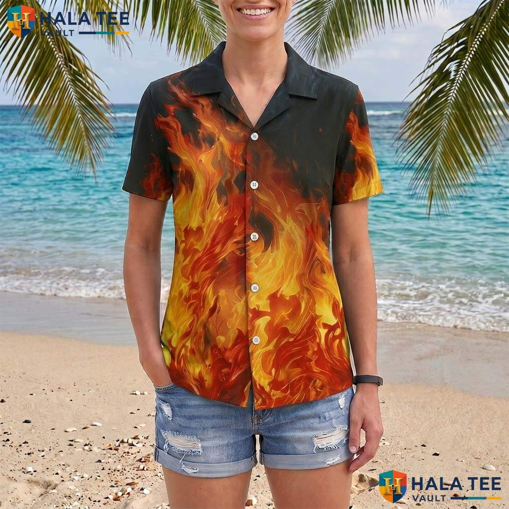 Hot Fire Flame Aloha Shirt Mens Novelty Button Down Summer Beach Top