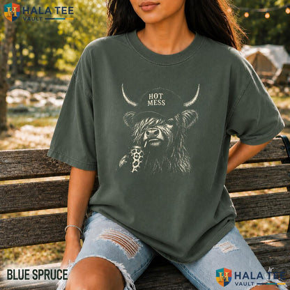 Hot Mess Highland Cow Comfort Colors T-Shirt Cute Fluffy Heifer Coffee Top