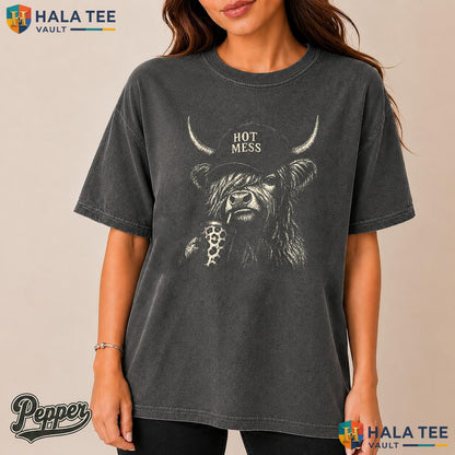 Hot Mess Highland Cow Garment-Dyed T-Shirt Cute Fluffy Heifer Coffee Top