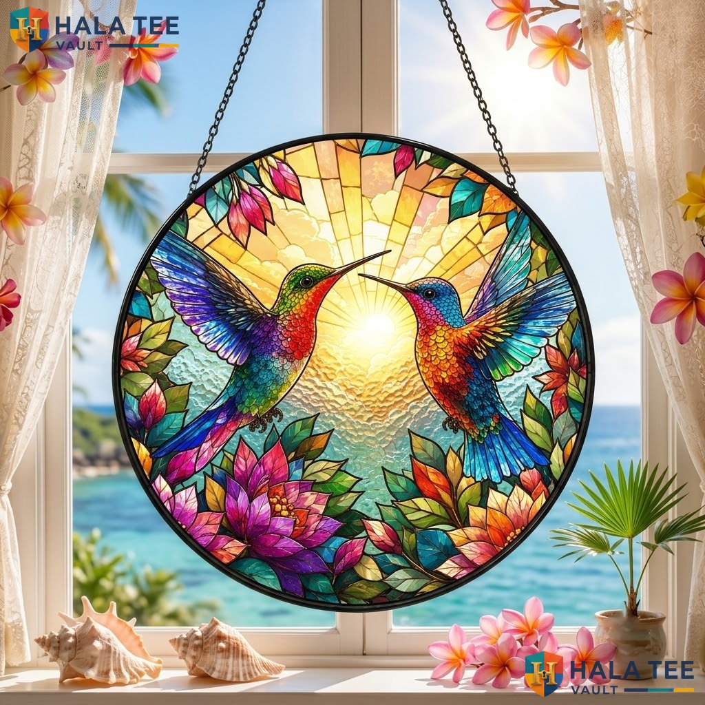 Hummingbirds Halloween Stained Glass Suncatcher Colorful Spooky Window Decor