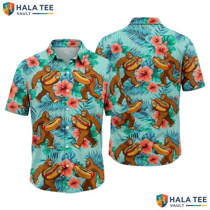 Humorous Bigfoot Hawaiian Shirt Vibrant Tropical Hotdog Leaves Button Down