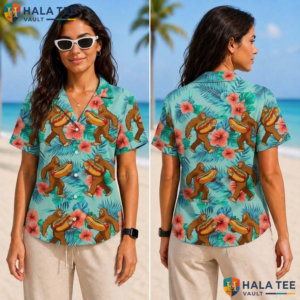 Humorous Bigfoot Tropical Shirt Vibrant Tropical Hotdog Leaves Button Down