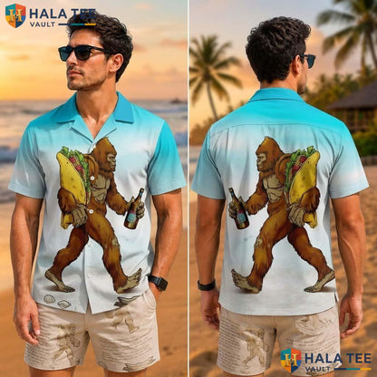 Humorous Bigfoot Taco Tropical Shirt Fun Novelty Print Short Sleeve Button