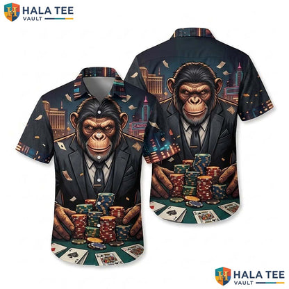 Humorous Chimpanzee Poker Hawaiian Shirt Novelty Print Casual Beach Button Down