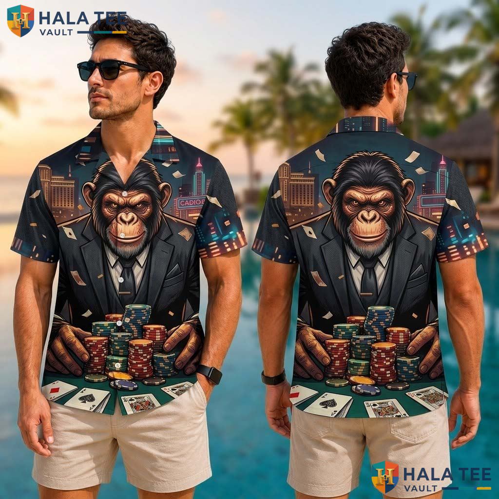 Humorous Chimpanzee Poker Tropical Shirt Novelty Print Casual Beach Button Down