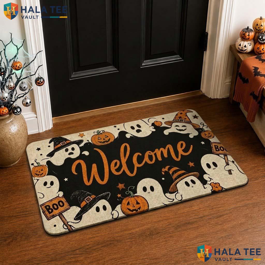 Humorous Ghost Fall Front door mat Spooky Pumpkin Welcome Rug Entryway Decor