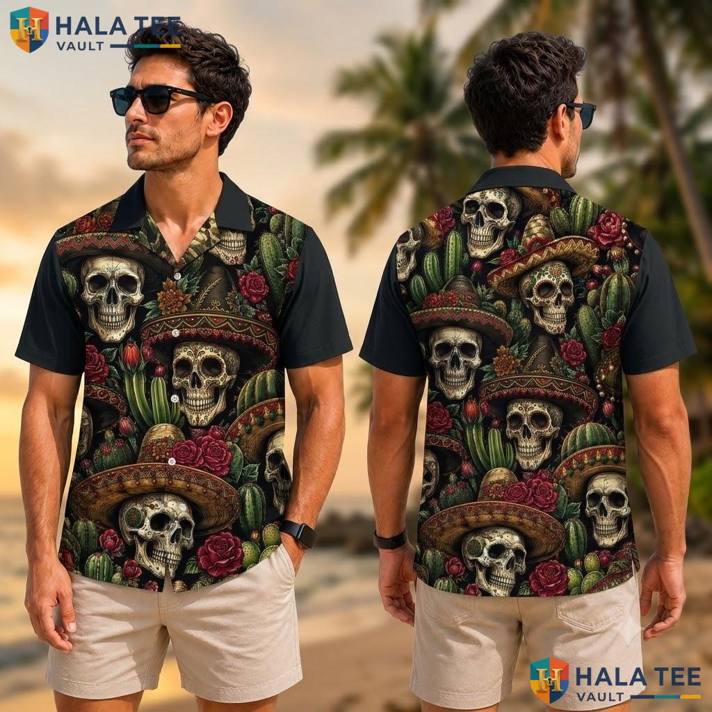 Humorous Skull Sombrero Hawaiian Shirt Vibrant Cacti Rose Casual Apparel