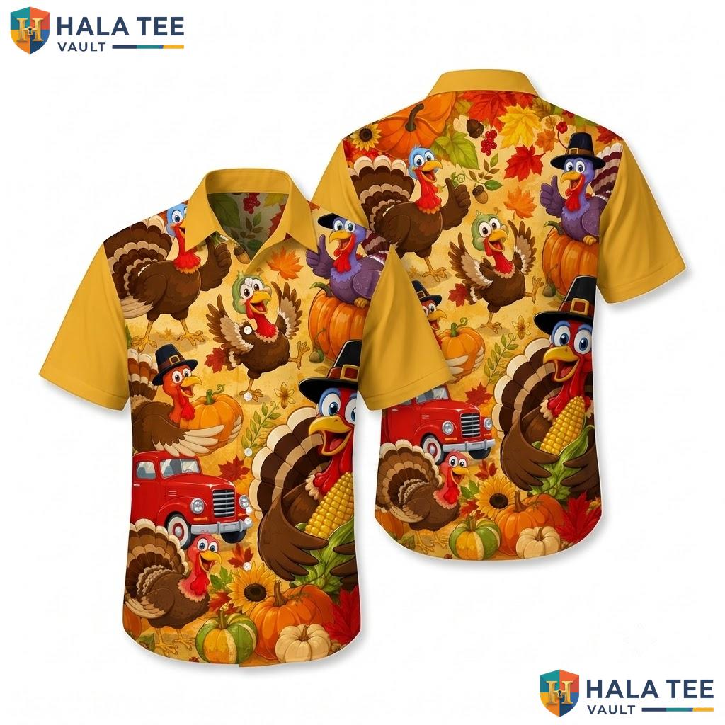 Humorous Turkey Thanksgiving Hawaiian Shirt Festive Cartoon Casual Apparel