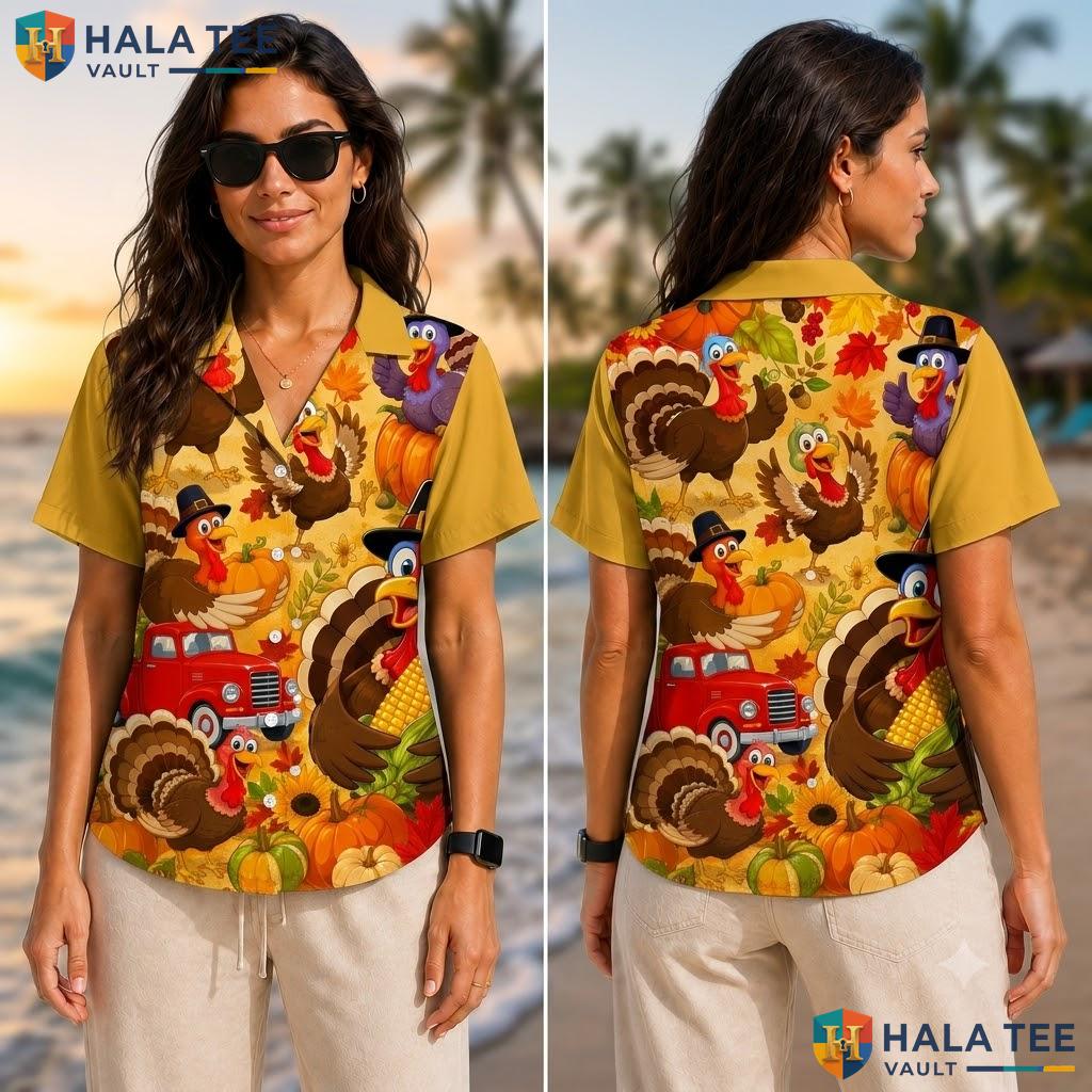 Humorous Turkey Thanksgiving Hawaiian Shirt Festive Cartoon Casual Apparel Adult
