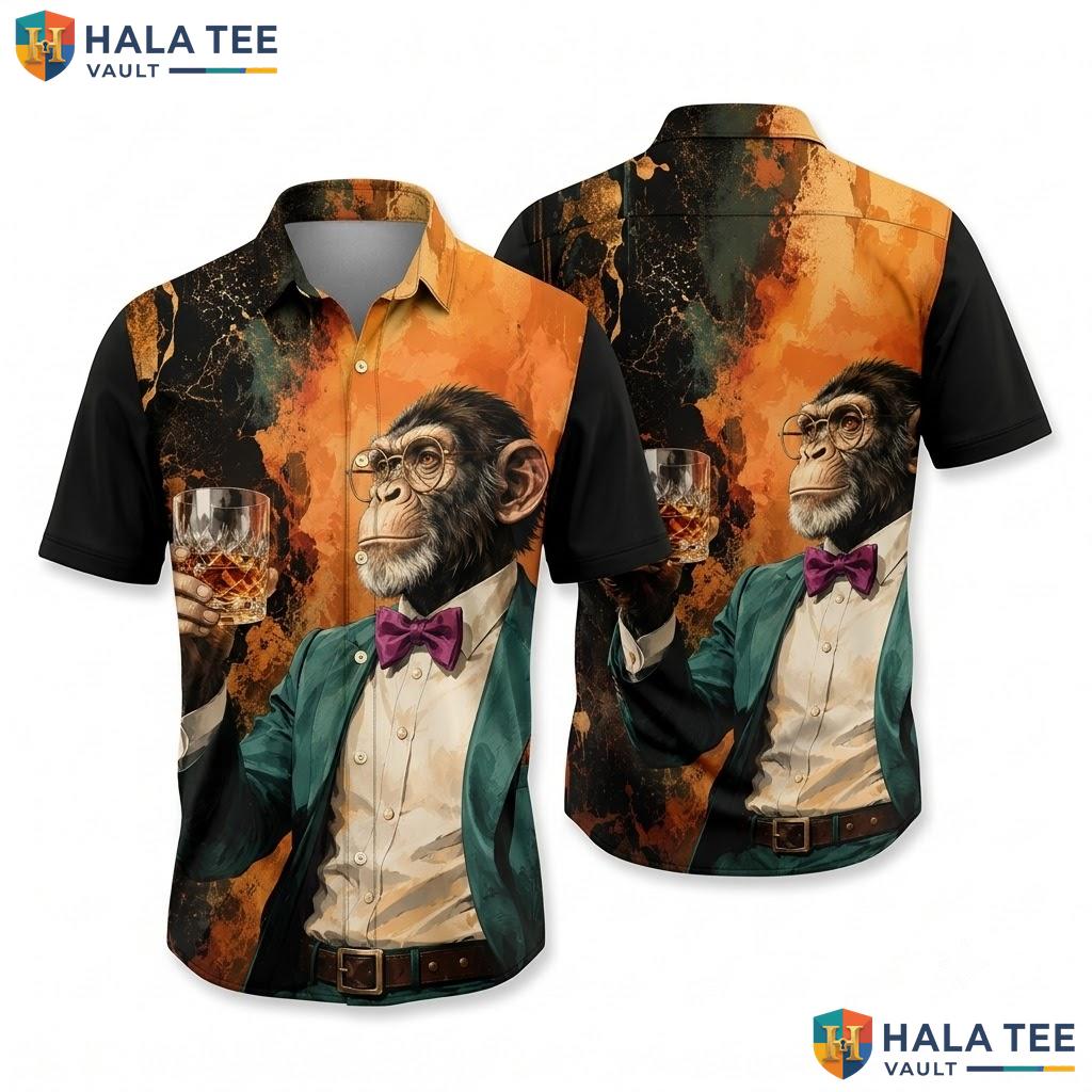 Humorous Tuxedo Chimpanzee Hawaiian Shirt Vibrant Tropical Short Sleeve
