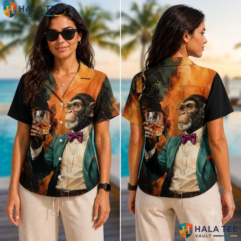 Humorous Tuxedo Chimpanzee Hawaiian Shirt Vibrant Tropical Short Sleeve Adult