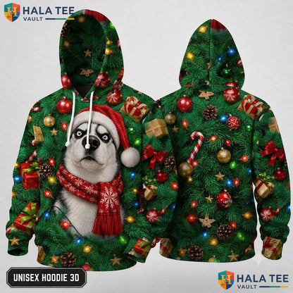 Husky Dog Santa Hat Xmas 3D Hoodie Festive Playful Holiday Outfit