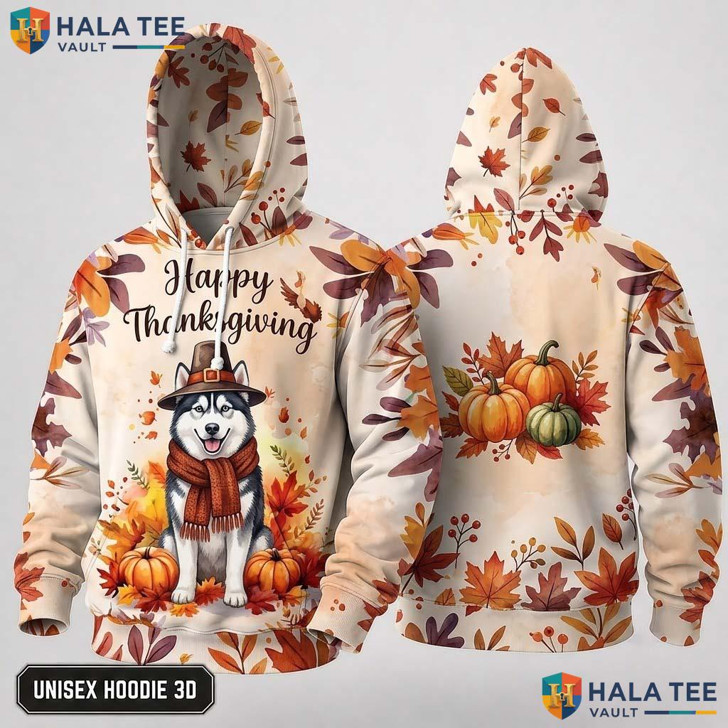 Husky Pumpkins Leaves Thanksgiving 3D Hoodie Happy Fall Dog Lovers
