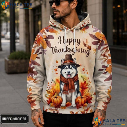 Husky Pumpkins Leaves Thanksgiving 3D Printed Hoodie Happy Fall Dog Lovers