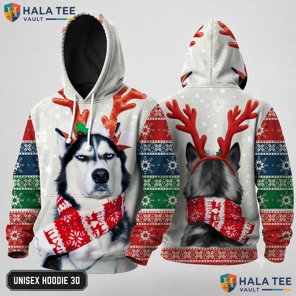 Husky Reindeer Quirky Christmas 3D Hoodie Funny Vibrant Pullover