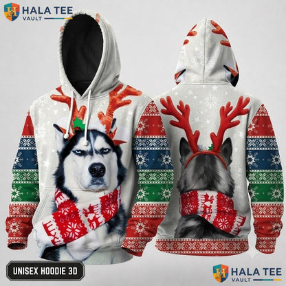 Husky Reindeer Quirky Christmas 3D Hoodie Funny Vibrant Pullover