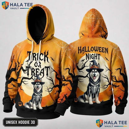 Husky Skeleton Dog 3D Hoodie Playful Trick Or Treat Halloween Graphic