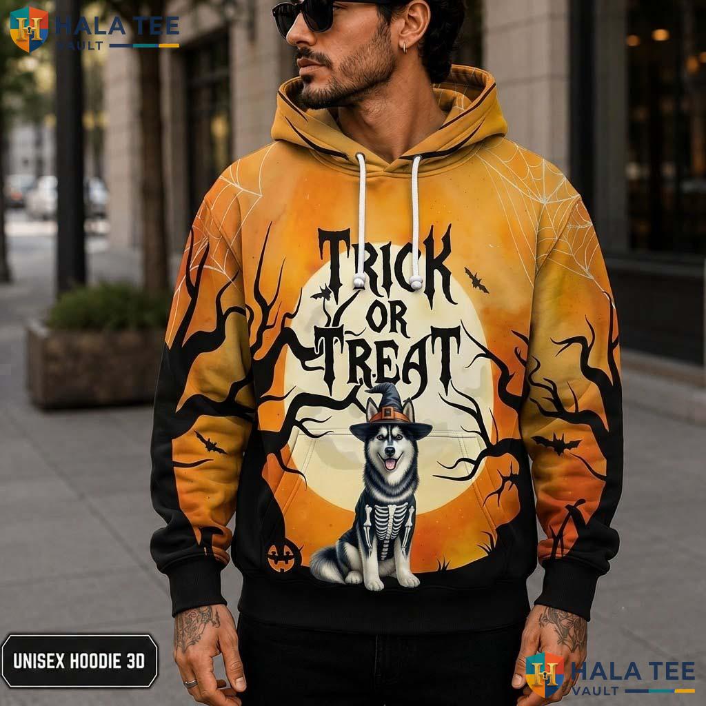 Husky Skeleton Dog 3D Printed Hoodie Playful Trick Or Treat Halloween Graphic