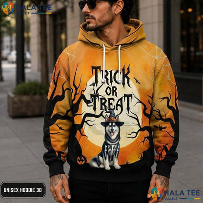 Husky Skeleton Dog 3D Printed Hoodie Playful Trick Or Treat Halloween Graphic