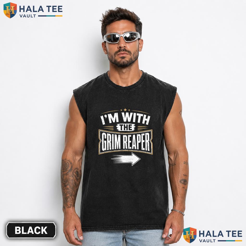 Im With Grim Reaper Streetwear Washed T-Shirt Vintage Halloween Couples Costume Top