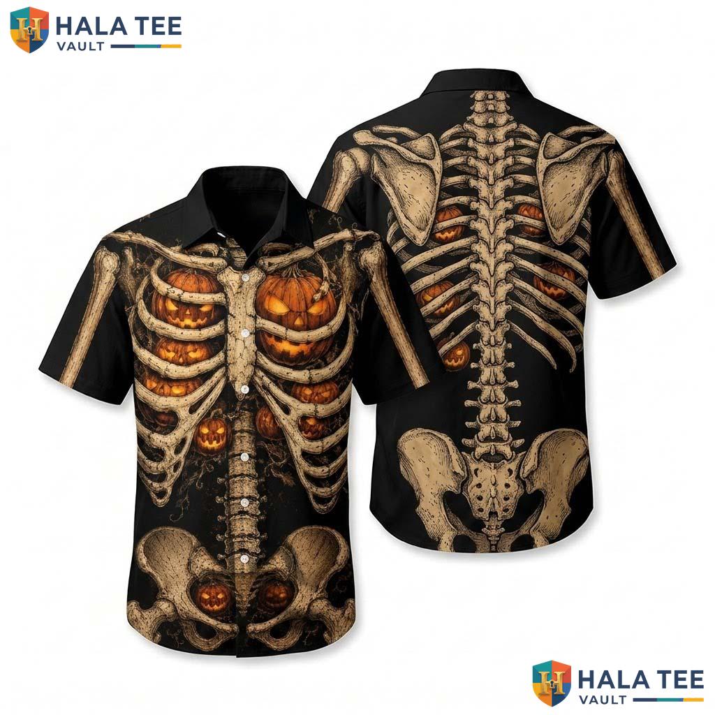 Jack O Lantern Halloween Hawaiian Shirt Spooky Skeleton Ribcage Top