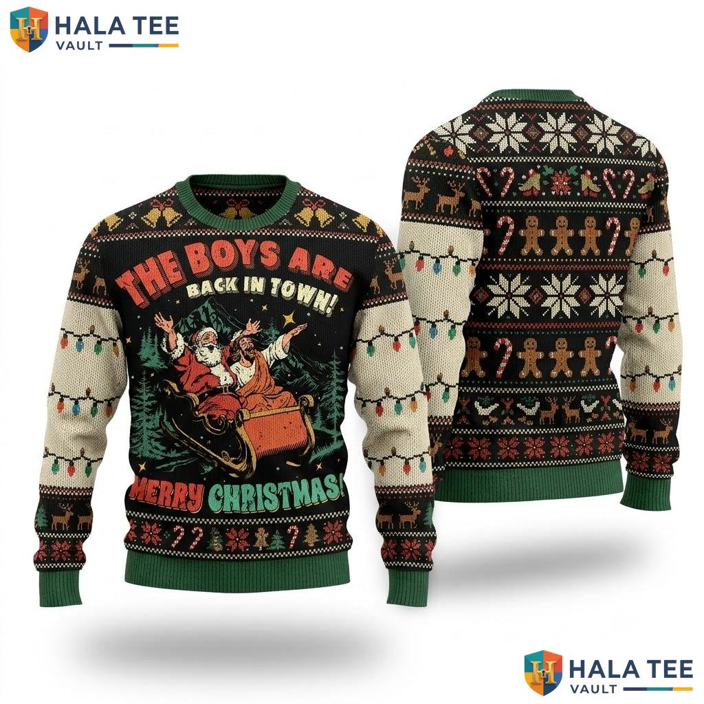 Jesus Santa Boys Ugly Christmas Sweater Funny Back In Town Holiday