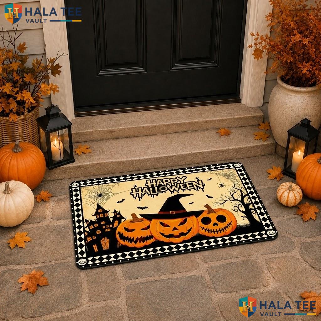 Khaki Grimace Bats Halloween Doormat Haunted Castle Plaid Welcome Porch Rug