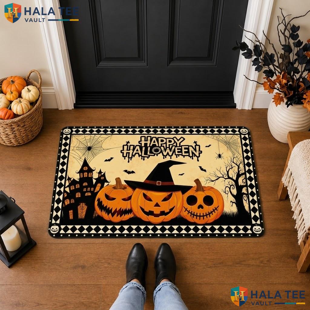 Khaki Grimace Bats Halloween Front door mat Haunted Castle Plaid Welcome Porch Rug