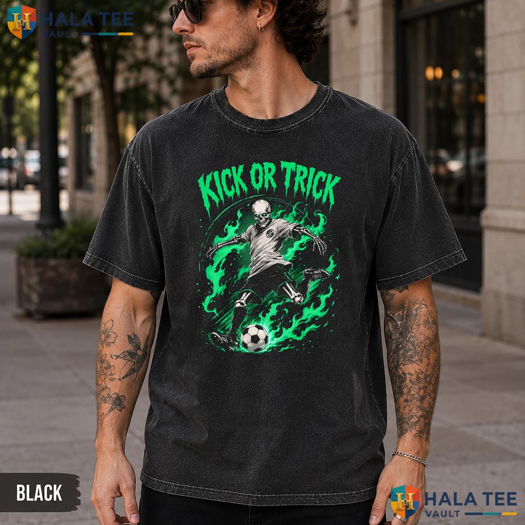 Kick Or Trick Washed T-Shirt Funny Skeleton Soccer Halloween Graphic Top
