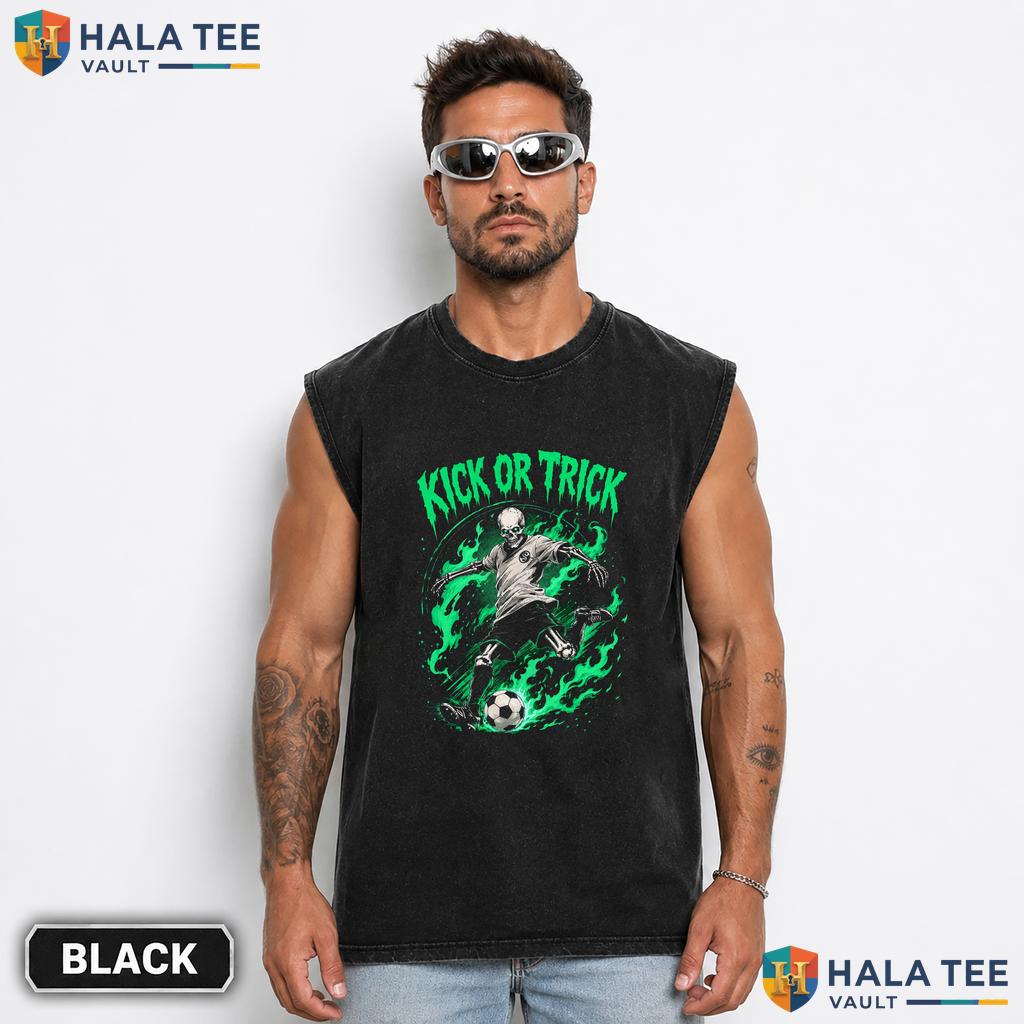 Kick Or Trick Streetwear Washed T-Shirt Funny Skeleton Soccer Halloween Graphic Top