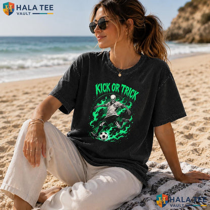 Kick Or Trick Heavyweight Washed Shirt Funny Skeleton Soccer Halloween Graphic Top