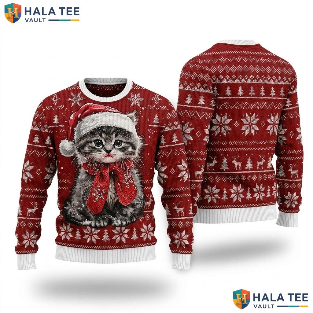 Kitten Santa Hat Snowflake Ugly Sweater Red Cute Christmas Holiday Top