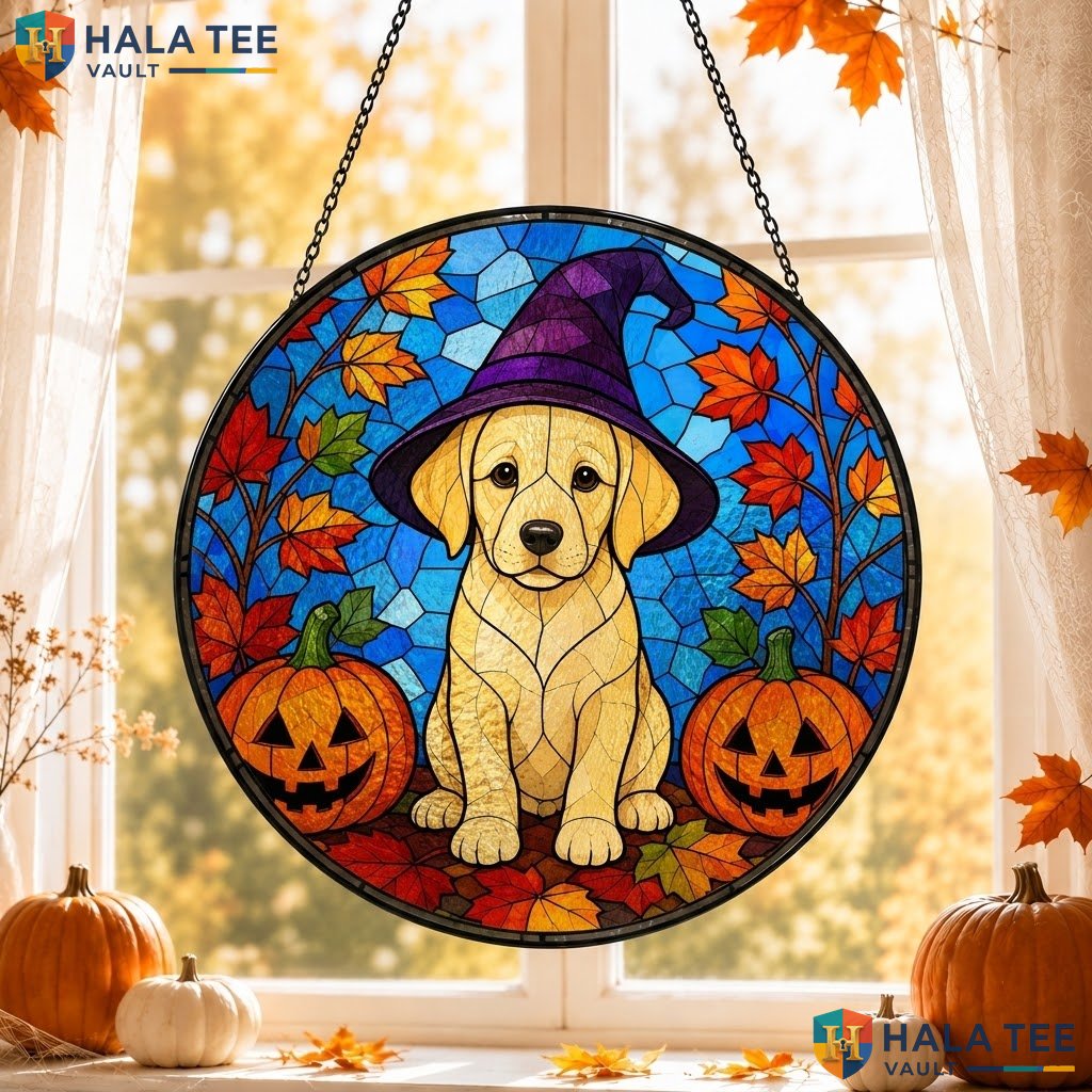 Labrador Witch Halloween Stained Glass Suncatcher Fall Pumpkin Window Room Art