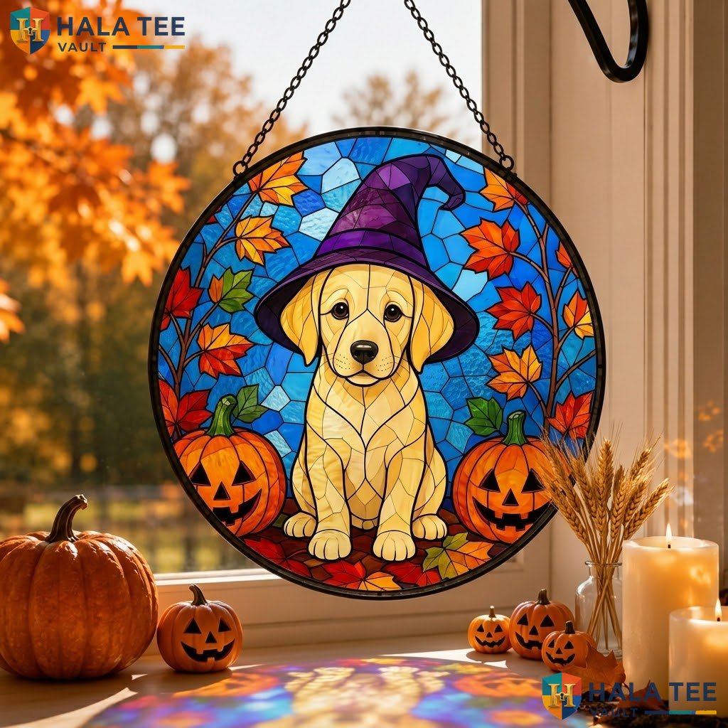 Labrador Witch Halloween Stained Glass Suncatcher Fall Pumpkin Window Room Art Adult