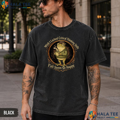 Lacked Critical Thinking Frog Washed T-Shirt Funny Coffee Graphic Apparel