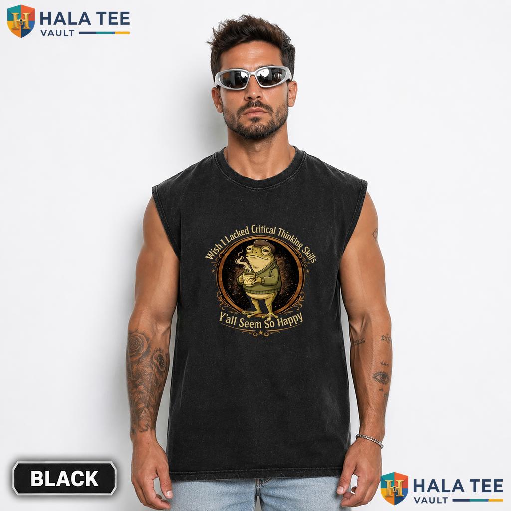 Lacked Critical Thinking Frog Washed T-Shirt Funny Coffee Graphic Apparel Vintage Wash Shirt