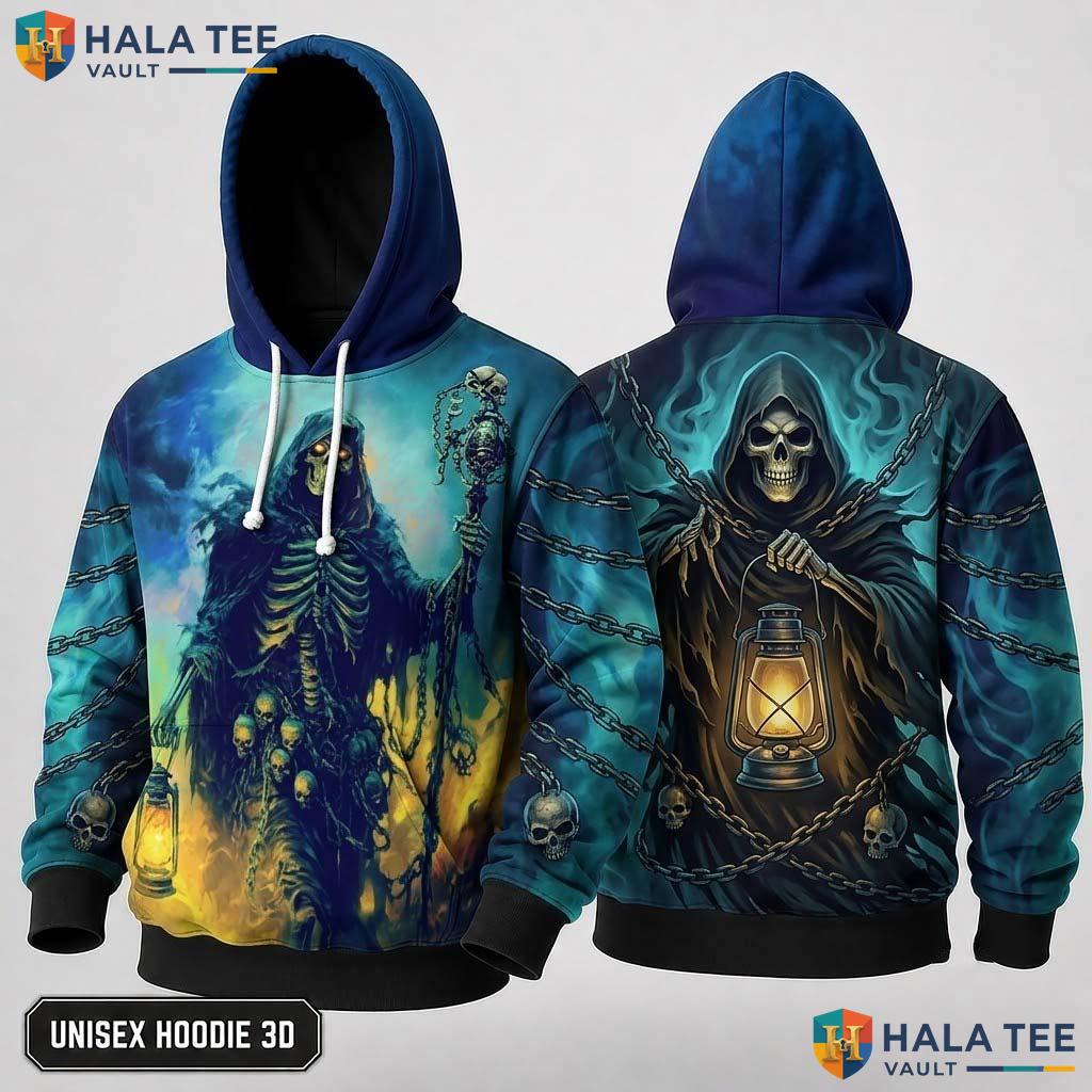 Lantern Grim Reaper 3D Hoodie Gothic Skeleton Scythe Graphic Streetwear