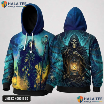 Lantern Grim Reaper 3D Hoodie Gothic Skeleton Scythe Graphic Streetwear