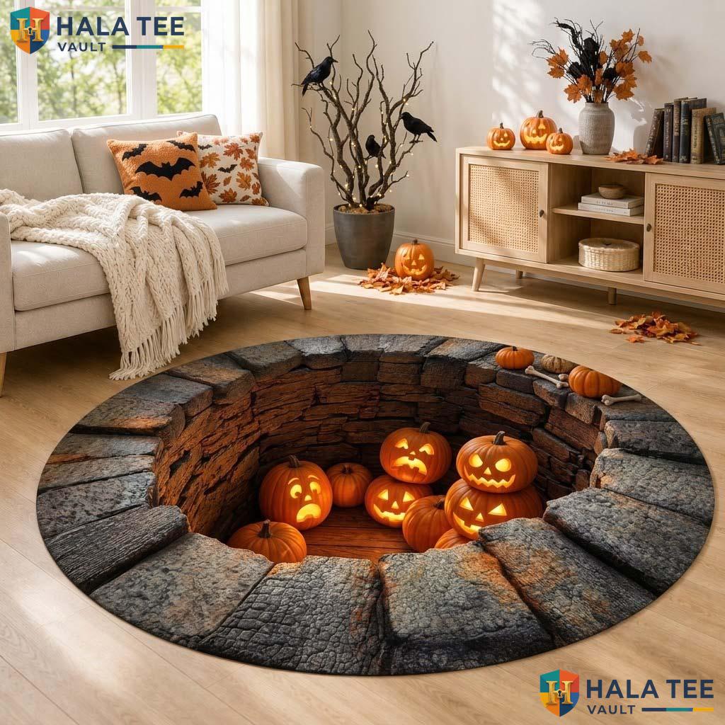 Lantern Pit Halloween Round Area Rug 3D Spooky Haunted House Illusion