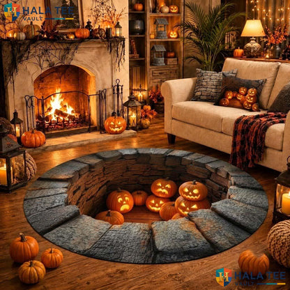 Lantern Pit Halloween Round Area Rug 3D Spooky Haunted House Illusion Adult