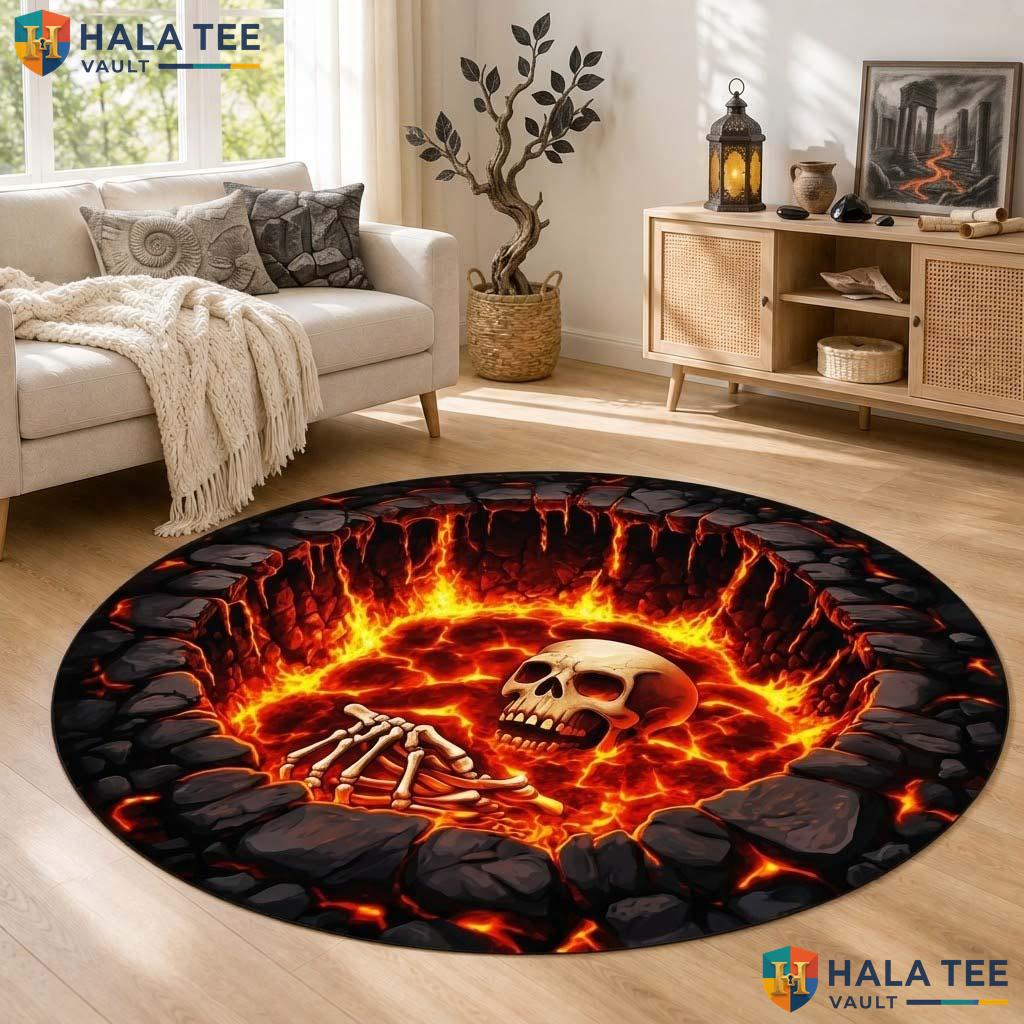 Lava Skeleton Halloween Round Area Rug 3D Fiery Hell Hole Illusion