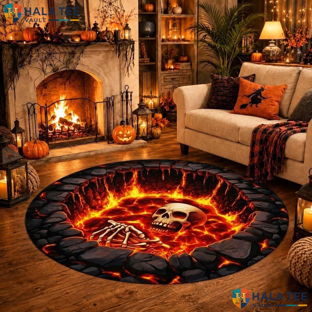 Lava Skeleton Halloween Round Area Rug 3D Fiery Hell Hole Illusion Adult